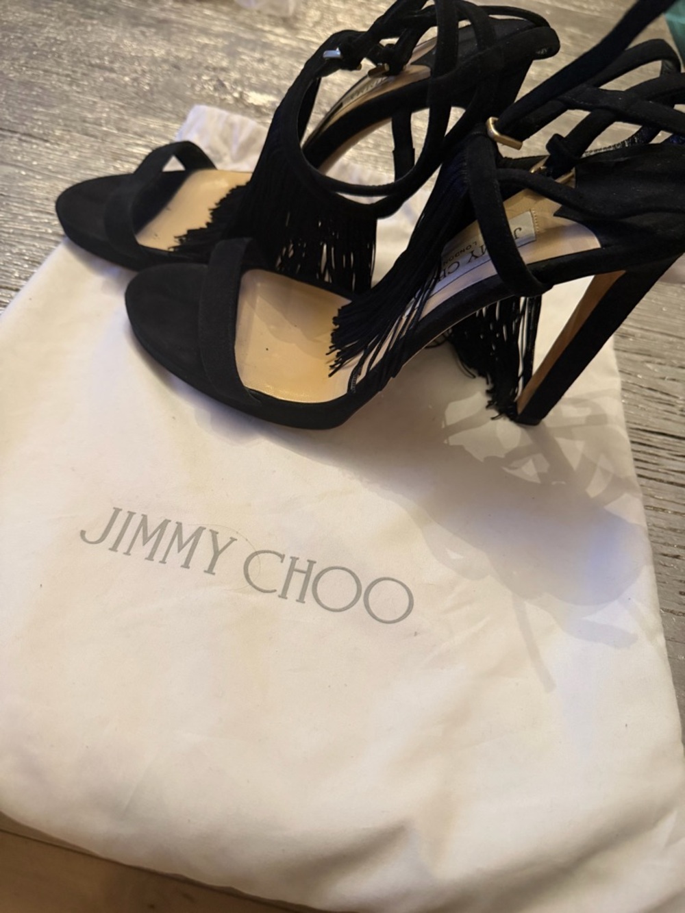 Jimmy Choo Black Suede Fringe Lace-Up High Heels